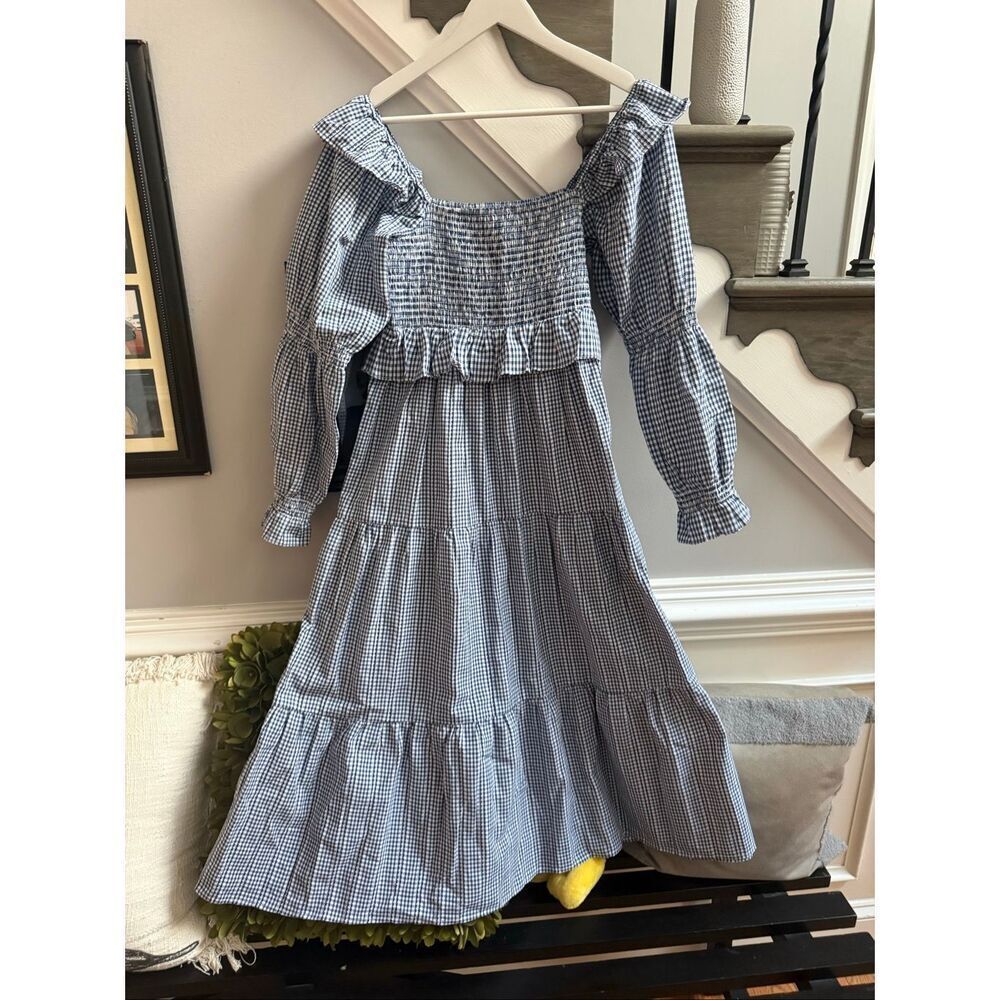 Frances Hart Navy & White Mini Gingham Embroidered Smocked L/S Midi Dress sz S N